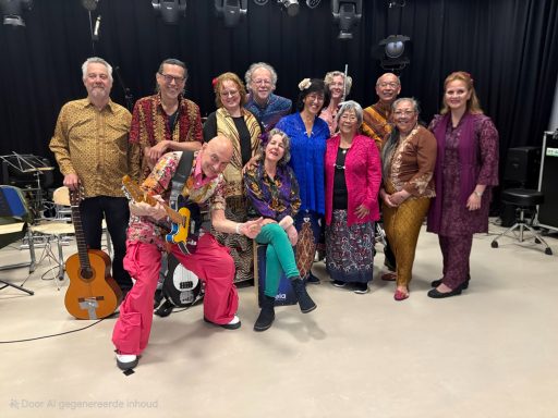 Groep mensen in kleurrijke kleding, posing in een studio met muziekinstrumenten.